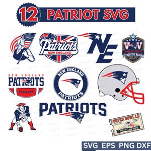 May include: A selection of 12 Patriot SVG designs in red, white, and blue. The collection features logos, a football helmet, a ticket, and illustrations of a patriot with a flag and a football player. Text includes "Patriot SVG", "New England Patriots", and "Super Bowl LX".