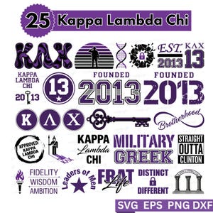 May include: A collection of purple and white graphics featuring the text "Kappa Lambda Chi," the number "25," and the year "2013." Includes various logos, a key, and the words "Military Greek."