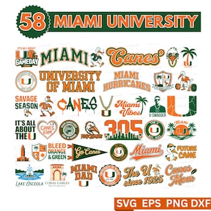 Op de afbeelding: Een verzameling Miami University-afbeeldingen in groen en oranje. De ontwerpen bevatten tekst zoals "Miami Hurricanes", "Canes" en "305", samen met verschillende logo's en illustraties.