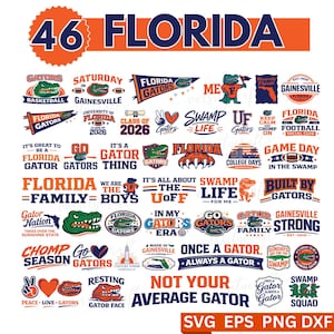 May include: A collection of Florida Gators-themed graphics in orange, blue, and green. Designs include text like "Gators," "Swamp Life," and "Game Day," along with alligator illustrations and the number "46." The image is suitable for apparel and fan merchandise.