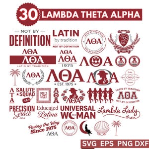 Può includere: Una collezione di grafiche Lambda Theta Alpha bordeaux e bianche. I disegni includono le lettere greche ΛΘΑ, le parole "Latin by Tradition" e altre frasi. L'immagine presenta anche un emblema "30" e il testo "Since 1975."