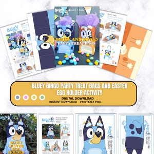 Pode incluir: Atividade digital imprimível de sacolas de guloseimas para festas Bluey e Bingo e porta-ovos de Páscoa. O design apresenta personagens Bluey e Bingo, com instruções e exemplos. O texto diz "Bluey Bingo Party Treat Bags and Easter Egg Holder Activity".