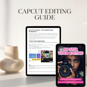 Puede incluir: Dos tabletas que muestran gu&iacute;as de edici&oacute;n de CapCut. Una tableta muestra el texto "CAPCUT EDITING GUIDE" y "How to Use CapCut - The Complete Guide for Beginners." La otra muestra "MASTER VIDEO EDITING."