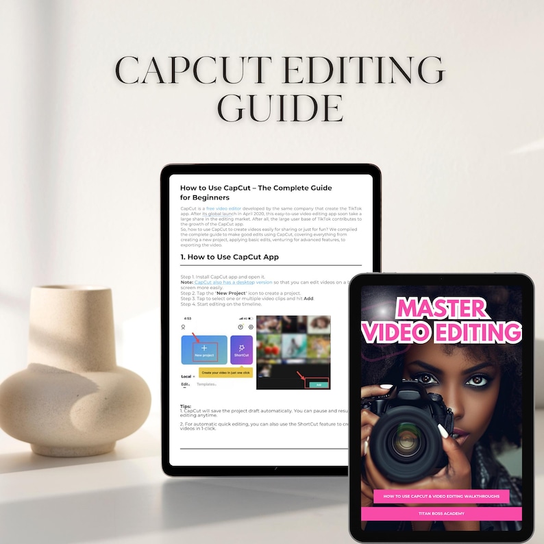 Puede incluir: Dos tabletas que muestran gu&iacute;as de edici&oacute;n de CapCut. Una tableta muestra el texto "CAPCUT EDITING GUIDE" y "How to Use CapCut - The Complete Guide for Beginners." La otra muestra "MASTER VIDEO EDITING."