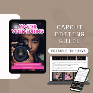 Puede incluir: Una tableta digital muestra una gu&iacute;a titulada "Master Video Editing" con una mujer sosteniendo una c&aacute;mara. Tambi&eacute;n se ve el texto "CapCut Editing Guide" y "Editable in Canva". Un tel&eacute;fono inteligente y una computadora port&aacute;til tambi&eacute;n est&aacute;n en la imagen.
