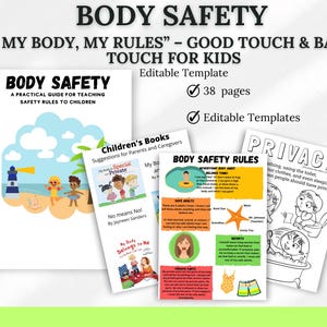Puede incluir: Materiales educativos sobre seguridad corporal para niños, que incluyen un libro y folletos. Los materiales, titulados "Body Safety", cubren temas como los límites personales y la privacidad, con ilustraciones y texto. Diseñado para padres y cuidadores.