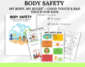 May include: A collection of educational materials titled "Body Safety" for children. The image includes a book, pamphlets, and worksheets with illustrations and text about personal safety rules and privacy. The materials are designed for parents and caregivers.