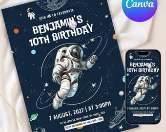 May include: A navy blue birthday invitation with an astronaut illustration and the text "Benjamin's 10th Birthday." Includes date, time, and location details. A matching design is displayed on a smartphone.