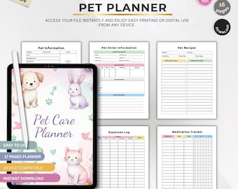 Planificador imprimible para mascotas / Planificador de cuidados para mascotas / Rastreador de cuidado de perros y gatos / Registro de salud de mascotas / Registro de visitas al veterinario / Organizador de mascotas / Diario de mascotas en PDF