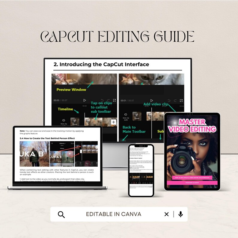 Puede incluir: Una gu&iacute;a digital titulada "CAPCUT EDITING GUIDE" con un port&aacute;til, un smartphone, una tableta y un monitor que muestra la interfaz de CapCut. La tableta muestra "MASTER VIDEO EDITING" con una mujer sosteniendo una c&aacute;mara. El texto "EDITABLE IN CANVA" est&aacute; en la parte inferior.
