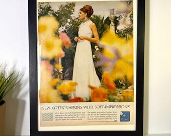 Vintage Kotex Advertisement – Womens Bathroom Wall Art • 1960s Fashion Editorial Style – Floral Garden Woman Poster