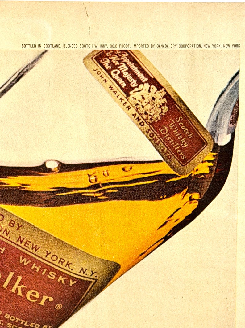 May include: Close-up of a whisky bottle with a brown and gold label. The label reads "John Walker and Sons" and "Scotch Whisky Distillers." The bottle contains amber-colored liquid. The text "Bottled in Scotland" is visible.