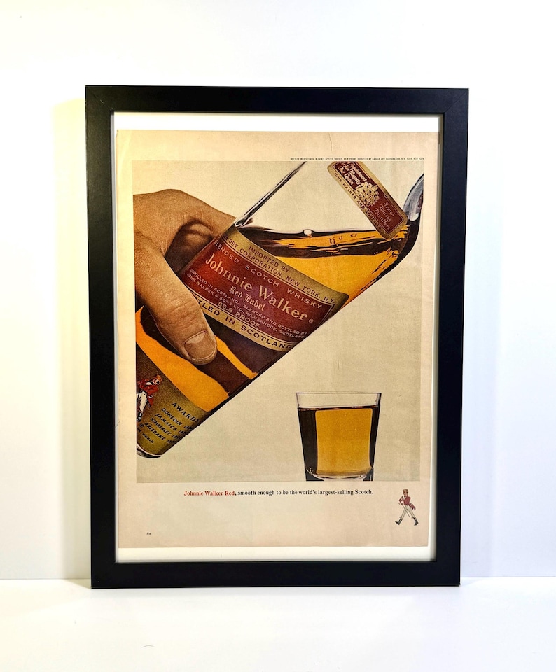 Breakfast Liquor Duality • 1965 Johnnie Walker Red Scotch Advertisement • Double Sided Whisky + Cereal Ad Framed Framed