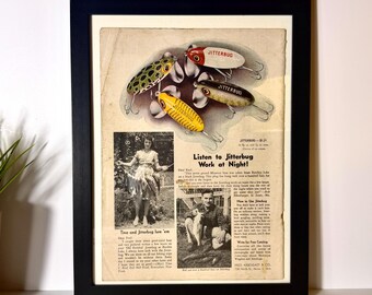 1946 Jitterbug Fishing Lure Ad – “Listen to Jitterbug Work at Night” Fred Arbogast Topwater Bass Bait Print