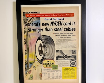 Vintage General Tire Nygen Cord Advertisement Framed or Unframed, Mid Century Automotive Advertising, Original General Tire Magazine Ad