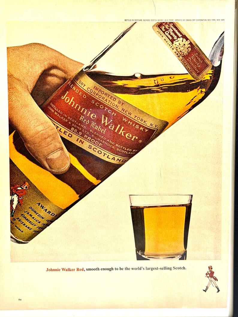 May include: Vintage advertisement for Johnnie Walker Red Label Scotch Whisky. The image shows a bottle being poured into a glass, with the brand's logo and text. The text reads "Johnnie Walker Red, smooth enough to be the world's largest-selling Scotch."