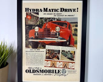 1940 Oldsmobile Hydra-Matic Drive Ad Framed | First Automatic Transmission Vintage Car Advertisement | Classic GM Automotive Wall Art