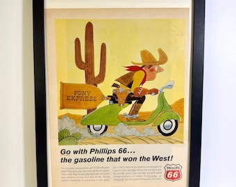 Vintage Phillips 66 Pony Express Advertisement Framed or Unframed, Mid Century Gas Station Advertising, Western Scooter Art