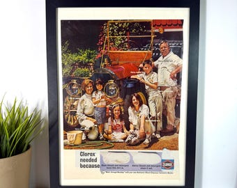 Vintage Clorox Bleach Ad • Funny Laundry Room Wall Art • Retro Family Car Wash Scene •