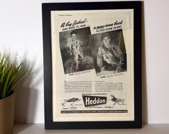 1946 Heddon Fishing Ad – “A Boy Fished… A Man Came Back” WWII Era Magazine Print Framed