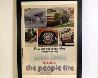 Vintage Firestone 500 Steel Belt Tire Advertisement Framed or Unframed, The People Tire, 1970s Automotive Wall Art, Original Magazine Ad