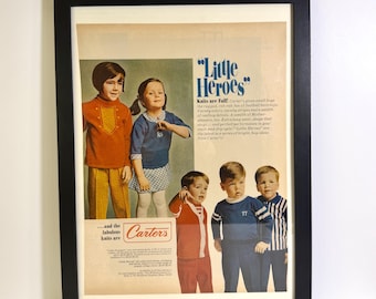 Vintage Carter’s Little Heroes Advertisement, 1960s Children’s Clothing Ad, Mid Century Fashion Wall Art