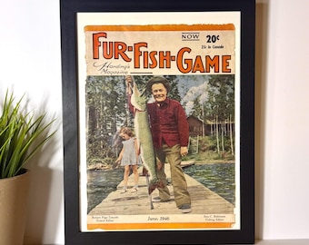 June 1946 Fur Fish Game Magazine Cover – Big Catch Fishing Scene Vintage Print