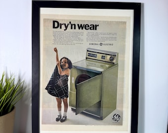 Avocado Green Dryer Ad • 1967 General Electric Laundry Advertisement • Mid Century Home Appliances •