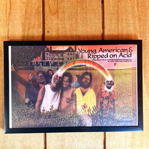 May include: A framed poster with the text "Young, American & Ripped on Acid." The artwork features a colorful illustration of several people with a rainbow and a building in the background. The poster is in a black frame.
