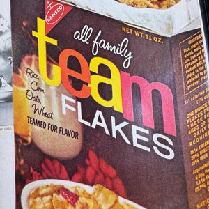 May include: Vintage box of Nabisco Team Flakes cereal. The box is brown with the words "team flakes" in large yellow, orange, and pink letters. The box also includes the words "all family" and the ingredients.