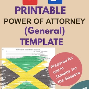 May include: A printable Power of Attorney (General) template. The image includes PDF and Word document icons, the Jamaican flag, and text indicating it's prepared for use in Jamaica for the diaspora. The document is A4 paper size.