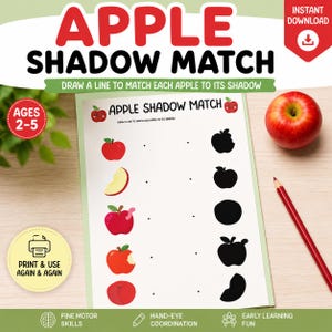 Könnte beinhalten: Ein ausdruckbares pädagogisches Arbeitsblatt mit dem Titel Apple Shadow Match, das fünf rote Apfelillustrationen auf der linken Seite und die dazugehörigen schwarzen Silhouetten auf der rechten Seite zeigt, um Formen zu verbinden.