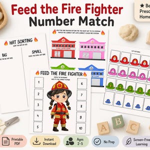 May include: A printable educational activity set titled Feed the Fire Fighter Number Match, featuring worksheets with fire station illustrations, a firefighter character, and cut-out numbered hats in red, pink, green, and blue colors for matching.