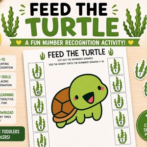 Può includere: Un foglio di attività didattiche stampabile intitolato FEED THE TURTLE con una tartaruga disegnata e alghe numerate da ritagliare. Il set include forbici verdi ed etichette circolari con testo come CUT, MATCH & FEED e 10 CUT-OUT SEAWEED PIECES.