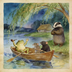 Può includere: Illustrazione ad acquerello di una rana in barca con due topi, che tiene una pipa. Un tasso è in piedi sulla riva, con le braccia conserte. Un cottage e un salice piangente sono sullo sfondo. La scena è ambientata al crepuscolo.