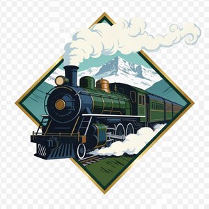 Può includere: Illustrazione di un treno a vapore verde e nero vintage con fumo bianco che esce dal camino. Il treno è ambientato su uno sfondo di montagne e un cielo turchese, incorniciato in un diamante bordato d'oro.