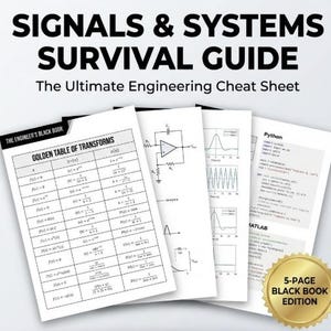 May include: A stack of white engineering cheat sheets titled "Signals & Systems Survival Guide". The sheets include formulas, diagrams, and code snippets for Python and MATLAB. A gold seal reads "5-PAGE BLACK BOOK EDITION".