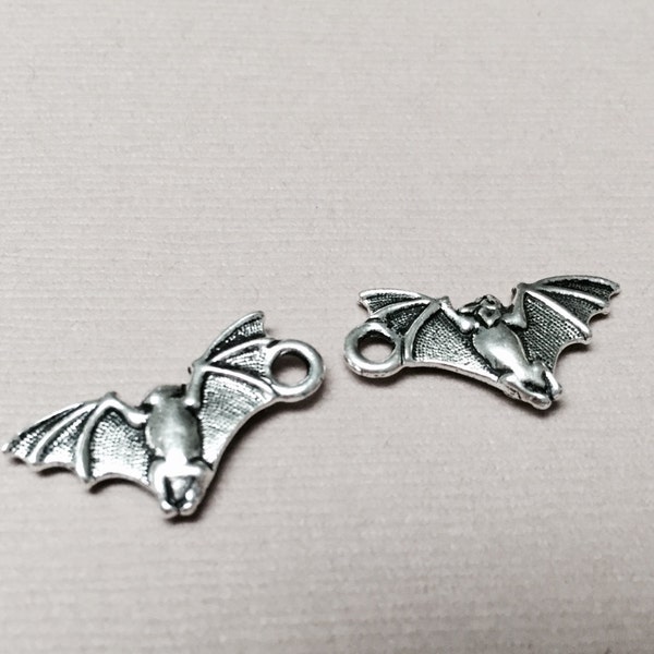 Tierra Cast Bat Charms. Antique Silver Plated Pewter. Halloween Charms. Earring Findings. 23mm x 12mm. Two (One Pair).
