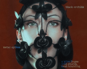 Black Leather Orchid Mask, Hand-Sewn Floral Headpiece, Edgy Statement Accessory