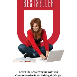 Op de afbeelding: Afbeelding die een cursus boekschrijven promoot. Een vrouw zit met gekruiste benen, met een laptop en een open boek. De tekst luidt "FROM IDEA TO BESTSELLER" en "Learn the Art of Writing with Our Comprehensive Book Writing Guide."