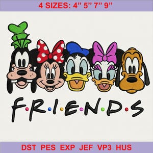 Könnte beinhalten: Ein Stickdesign mit Goofy, Minnie Mouse, Donald Duck, Daisy Duck und Pluto. Das Wort "FRIENDS" befindet sich unter den Figuren. Das Design ist in 4 Größen erhältlich: 10 cm, 13 cm, 18 cm und 23 cm.