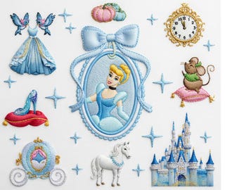 Cinderella Magic Kingdom Embroidery Collection High Resolution Glass Slipper Carriage Castle Digital Patterns for Princess Theme Decor