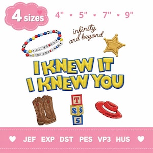 May include: An embroidery design set featuring the text I KNEW IT I KNEW YOU in yellow with blue outlines. Includes a beaded bracelet with the text YOU'VE GOT A FRIEND IN ME, a gold sheriff star, brown cowboy boots, alphabet blocks, and a red hat.