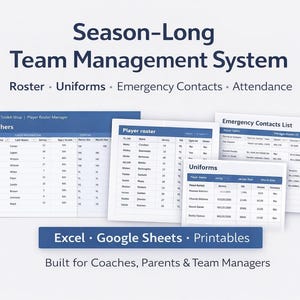 Youth Sports Team Manager | Roster, Uniform & Contact System (Excel, Sheets, Printable)