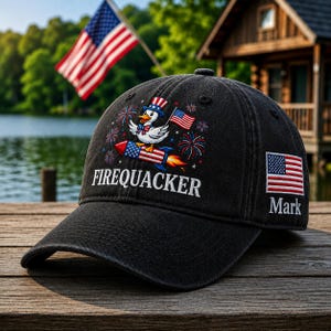 May include: Black baseball cap with a patriotic design featuring a duck riding a rocket, fireworks, and American flags. The text "FIREQUACKER" is embroidered on the front, with an American flag patch and the name "Mark" on the side.