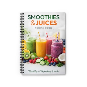 May include: A spiral-bound recipe book titled "Smoothies & Juices" with colorful drinks and fresh fruit. The cover features four glasses of smoothies and juices, with text that reads "Healthy & Refreshing Drinks".