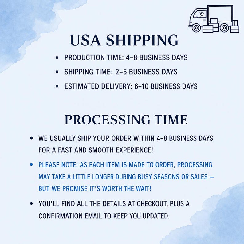 K&ouml;nnte beinhalten: Grafik mit Informationen zu Versand und Bearbeitungszeit. Enth&auml;lt Abschnitte zu "USA SHIPPING" mit Produktions-, Versand- und Lieferzeiten sowie "PROCESSING TIME" mit Erl&auml;uterungen zum Versand innerhalb von 4-8 Werktagen.