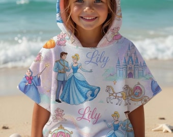 Personalisierte Cinderella Kapuzenhandtuch für Kinder, Name Disney Prinzessin Strandtuch, Kleinkind Pool Wrap, Geburtstagsgeschenk für kleine Mädchen