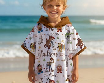 Personalisierte Toy Story Kinder Kapuzenhandtuch, Name Strand Poncho, Cartoon Badetuch, Jungen Pool Geschenkidee