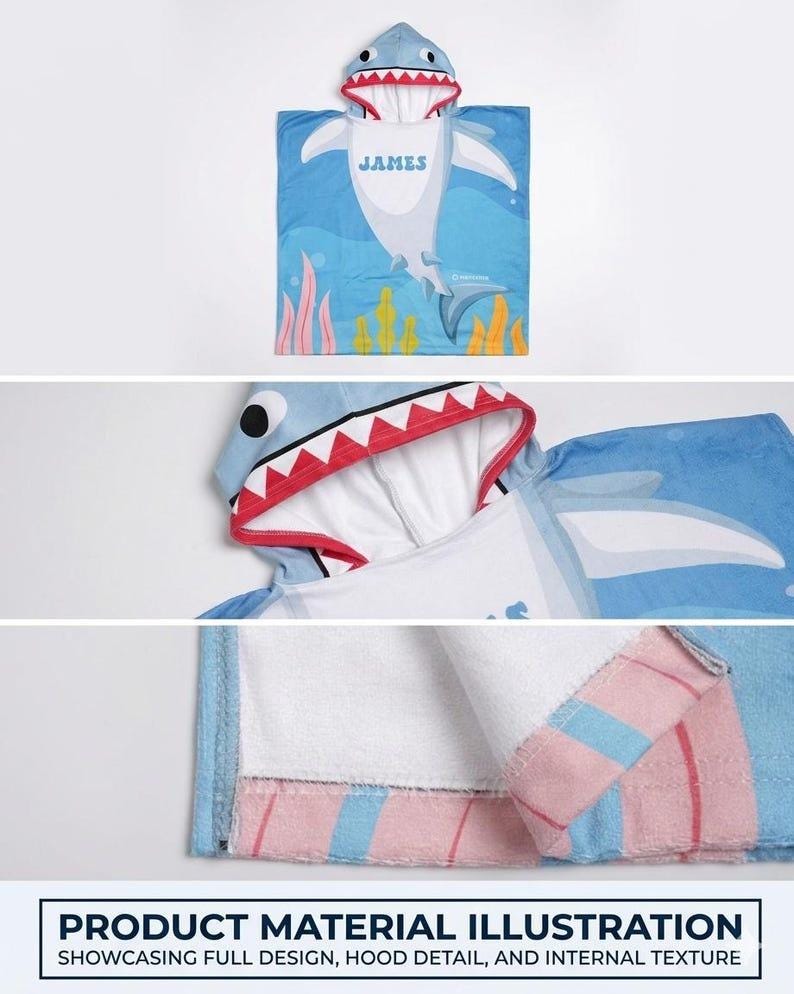 K&ouml;nnte beinhalten: Blaues Handtuch mit Kapuze im Hai-Design mit dem Namen "JAMES" auf der Vorderseite. Das Handtuch hat eine Haifischkopf-Kapuze mit roten und wei&szlig;en Z&auml;hnen. Das Design umfasst eine Hai-Illustration und Unterwasserelemente.
